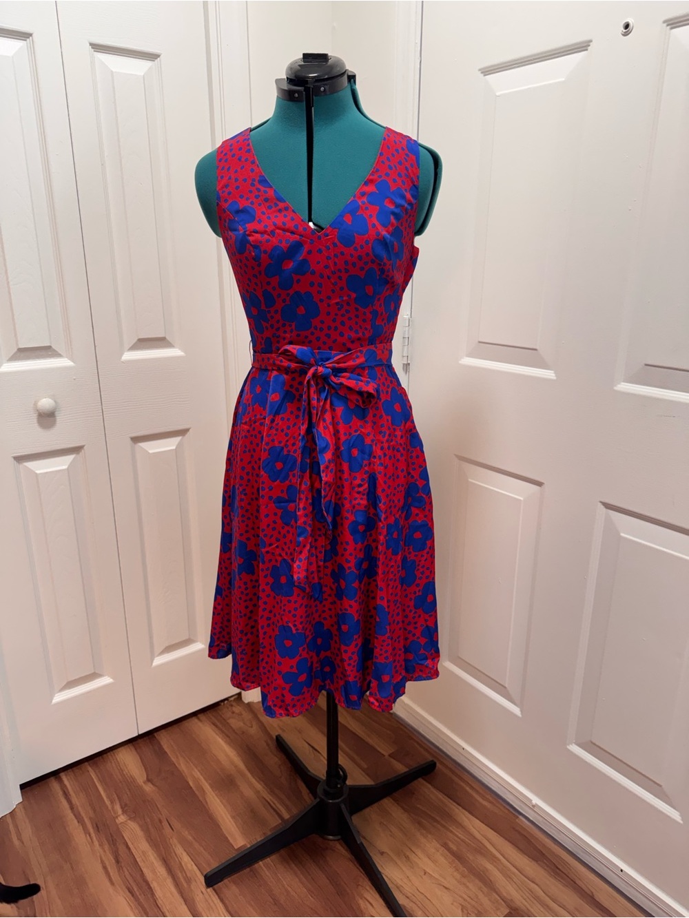 Modcloth Red Midi Dress with Blue Floral Print and Tie Waist